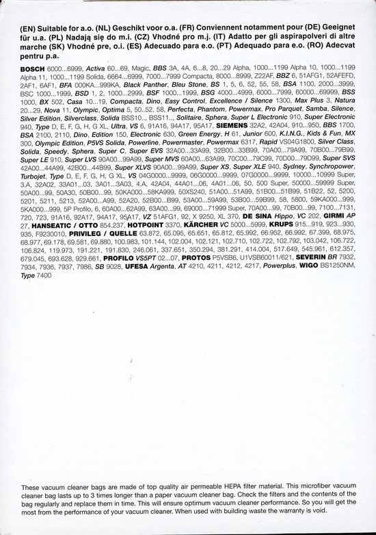 Stofzuiger Zak Bosch D,e,f,g,h 3
